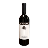 A bottle of Boccia Rosso Toscano wine with a whit elable and black cap foil. 