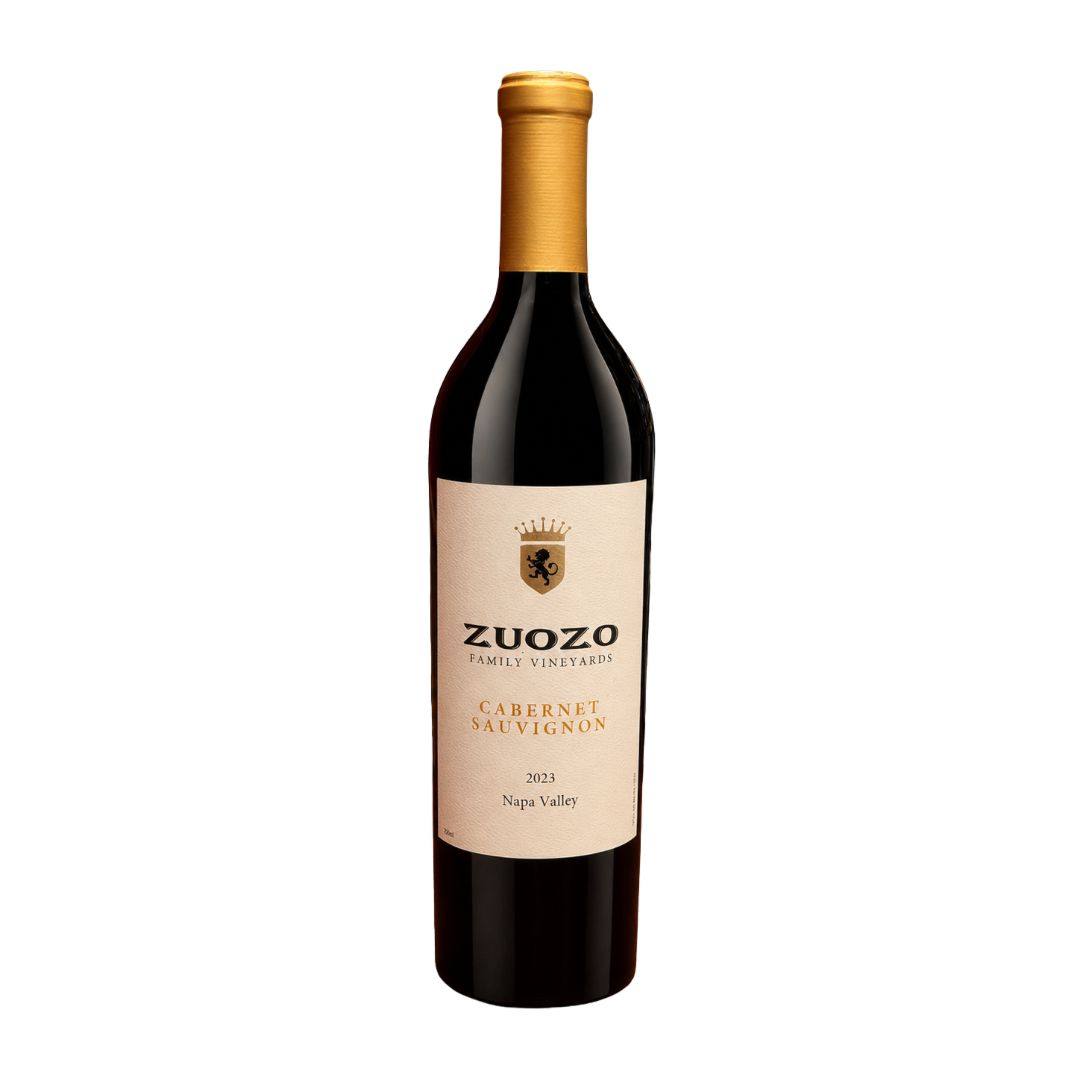 A bottle of Zuozo Family Vineyards Cabernet Sauvignon (2023) from Napa Valley with a cream label and gold foil top.