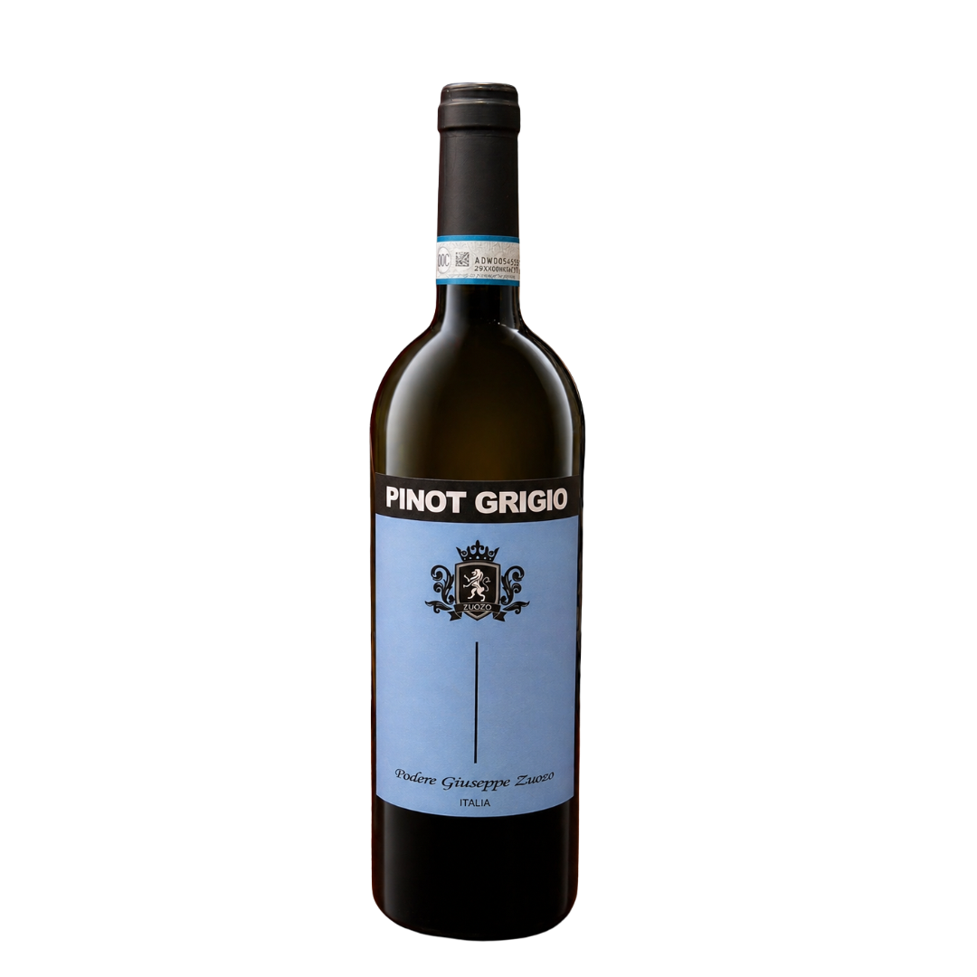 A bottle of Zuozo Pinot Grigio (2024) with a blue label and black cap.