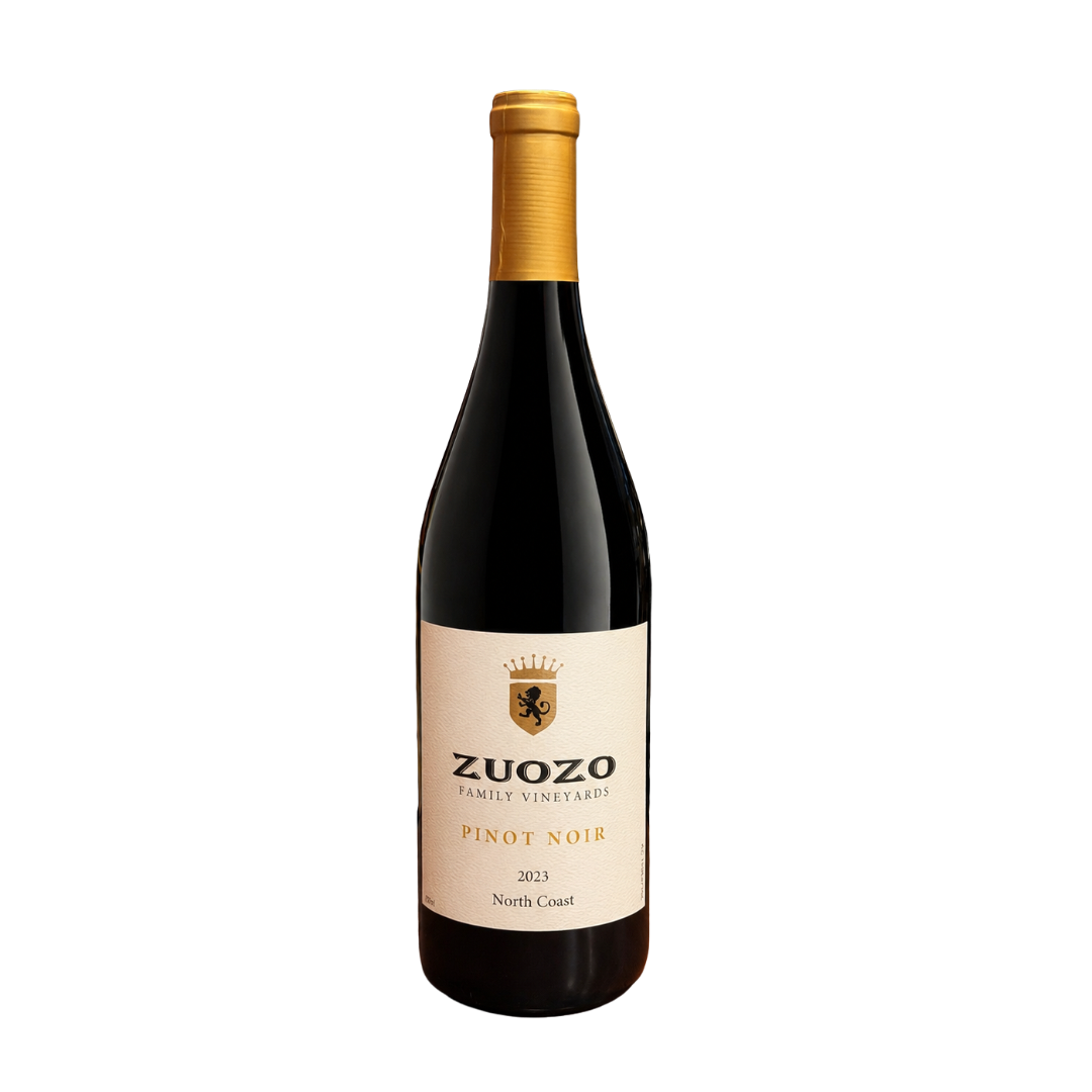 A bottle of Zuozo Family Vineyards Pinot Noir (2023) from North Coast with a cream label and gold foil top.