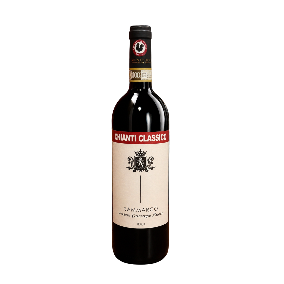 A bottle of Chianti Classico Sammarco wine iwth a cream label and red header. 